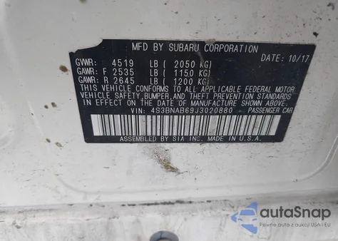 2018 Subaru Legacy 2.5I z USA, uszkodzony, nr VIN 4S3BNAB69J3020880